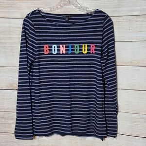 Banana Republic Blue Striped "Bonjour" Long Sleeve Top, Size Small
